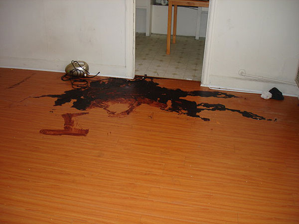 Days after Saray Rivas, 15, was found shot to death, a pool of blood remained on the floor. Credit: Mary Slosson