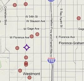 Map shows location of Franklin's home [purple marker] and locations where Grim Sleeper's victims were found [in red]. Click for more details.