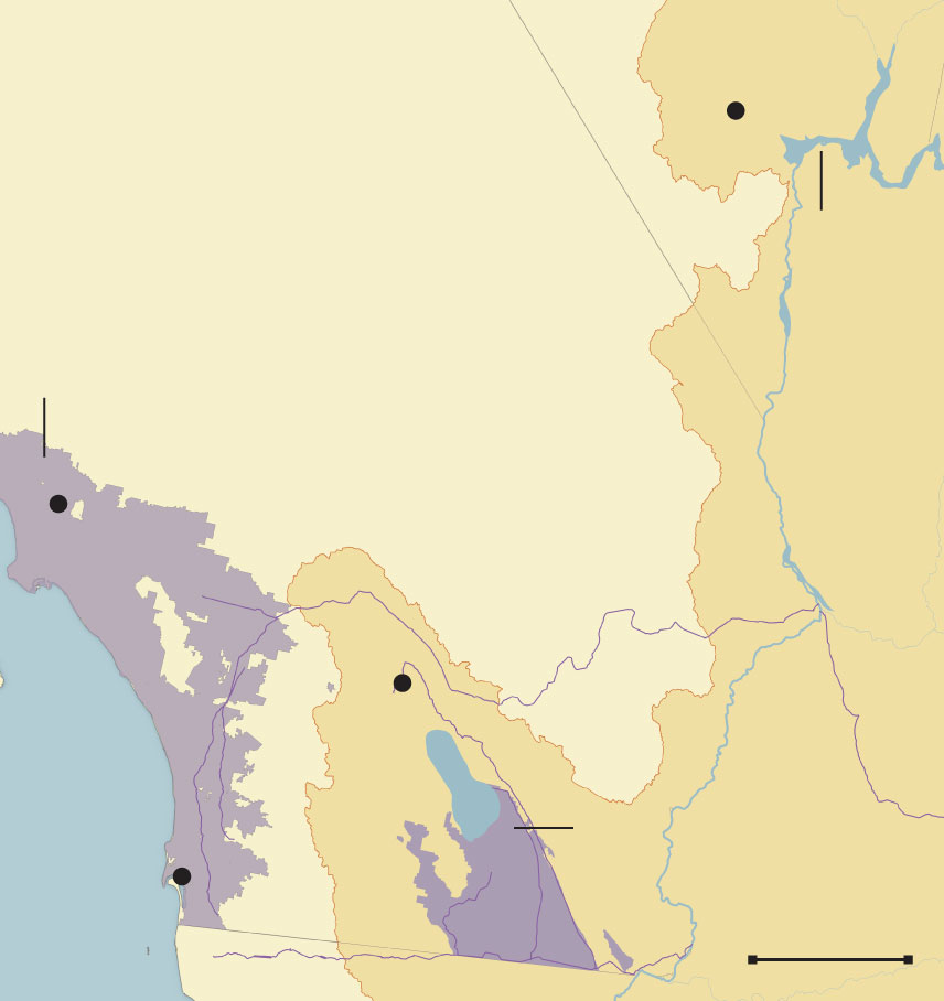 A map shows course of the Colorado River through the California desert.