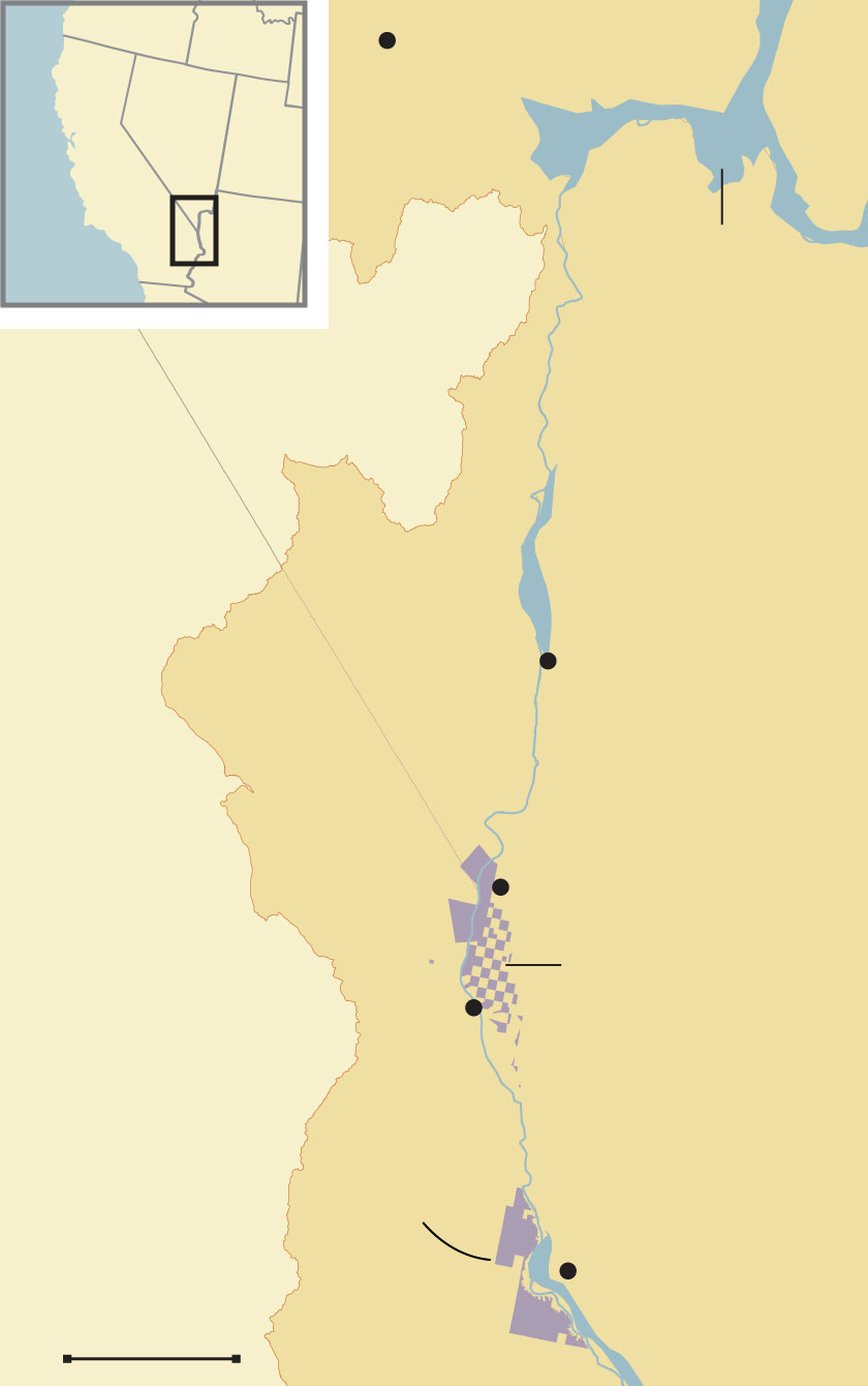 A map shows the Colorado River running through the Fort Mojave Reservation in Arizona, California and Nevada.