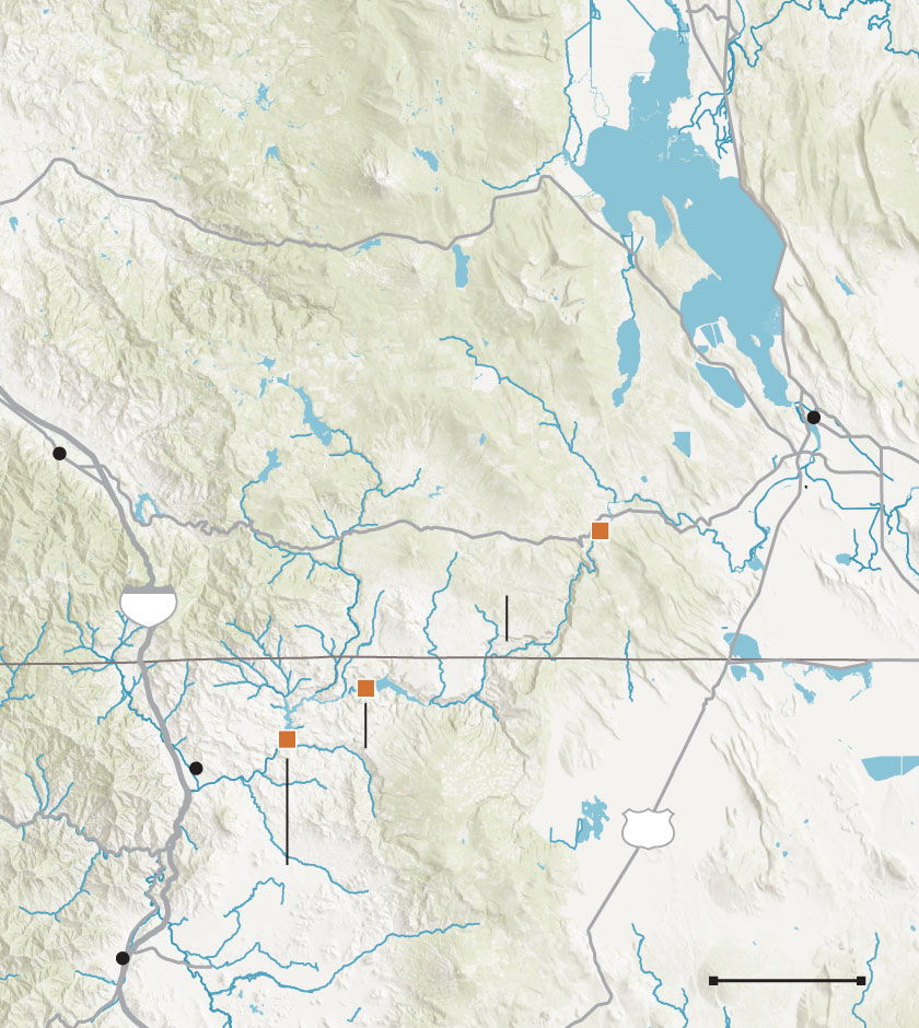 Map shows the locations of four dams slated for removal on the Klamath River, near the Oregon-California border.