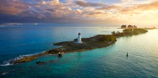A wide shot of Nassau Harbour Lighthouse on the Bahamas island of Paradise Island