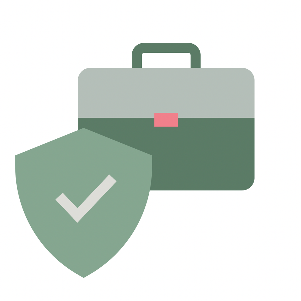 two icons show a shield with a checkmark next to a briefcase which symbolize the protection of business insurance