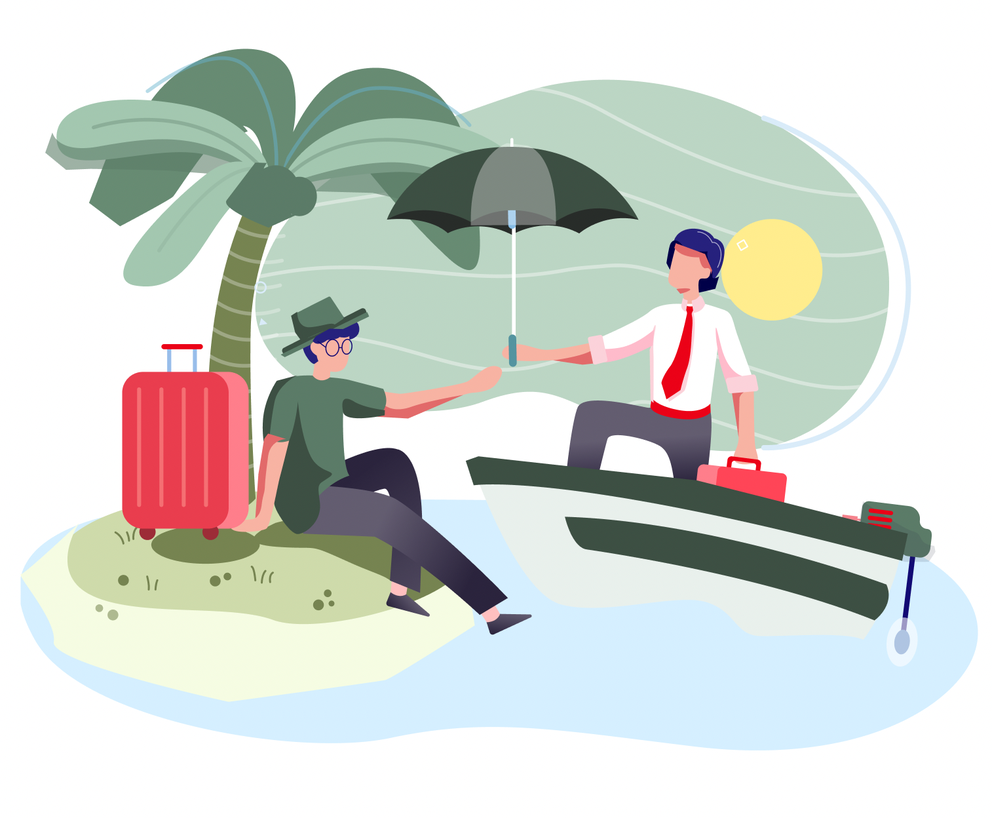 a drawing shows a man in a boat arriving to save a traveler stranded on a deserted island. The man holds out an an umbrella to help the traveler board the boat safely.