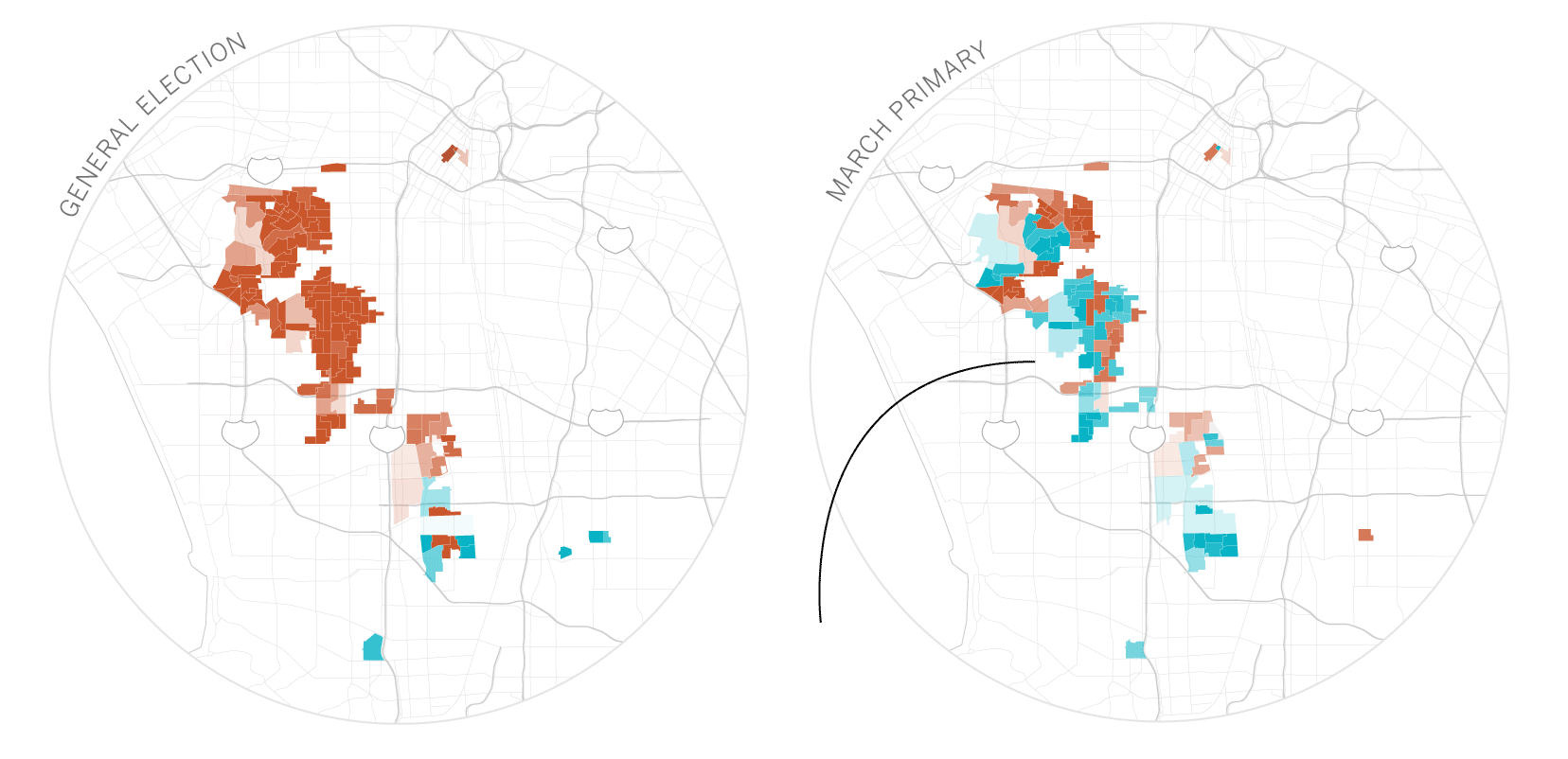 Maps comparing the plurality-black precincts won by Gascon in the primary vs. the general election.