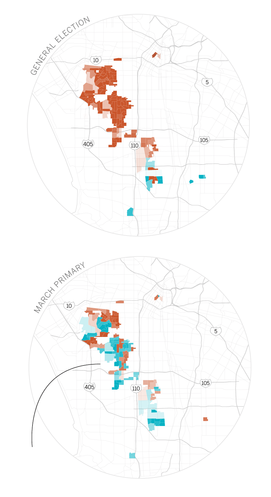 Maps comparing the plurality-black precincts won by Gascon in the primary vs. the general election.