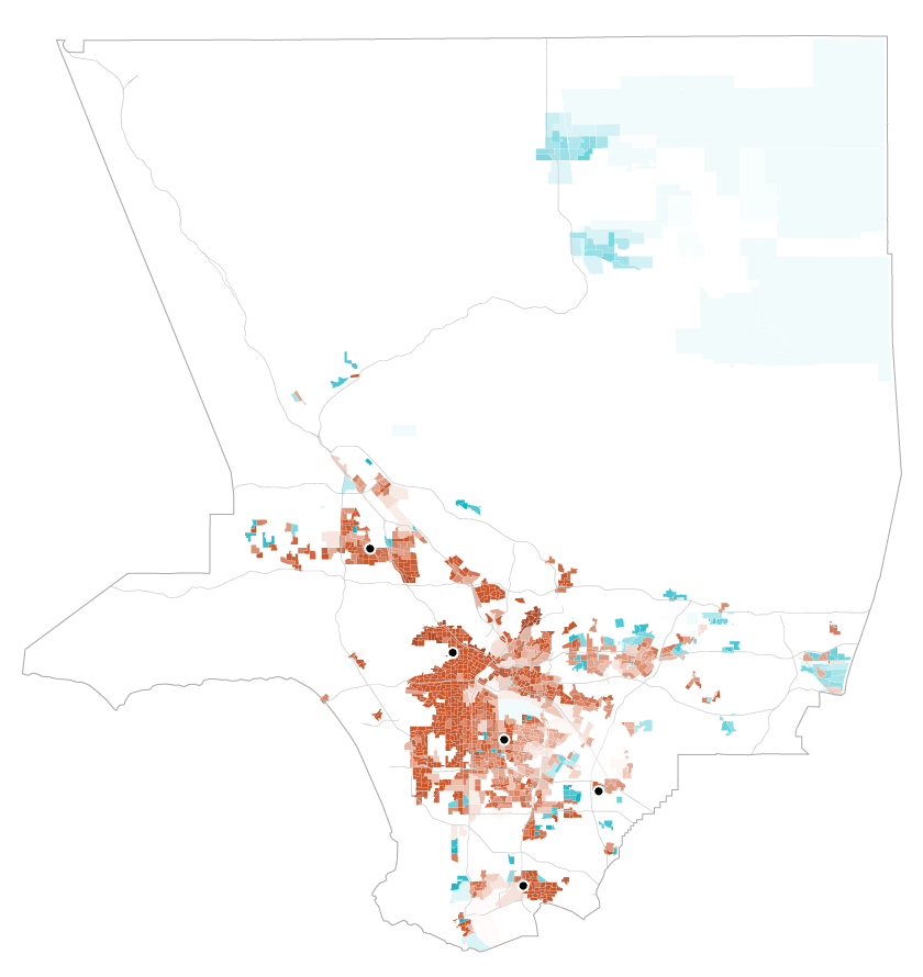 Map of majority-under 60K precincts in Los Angeles County
