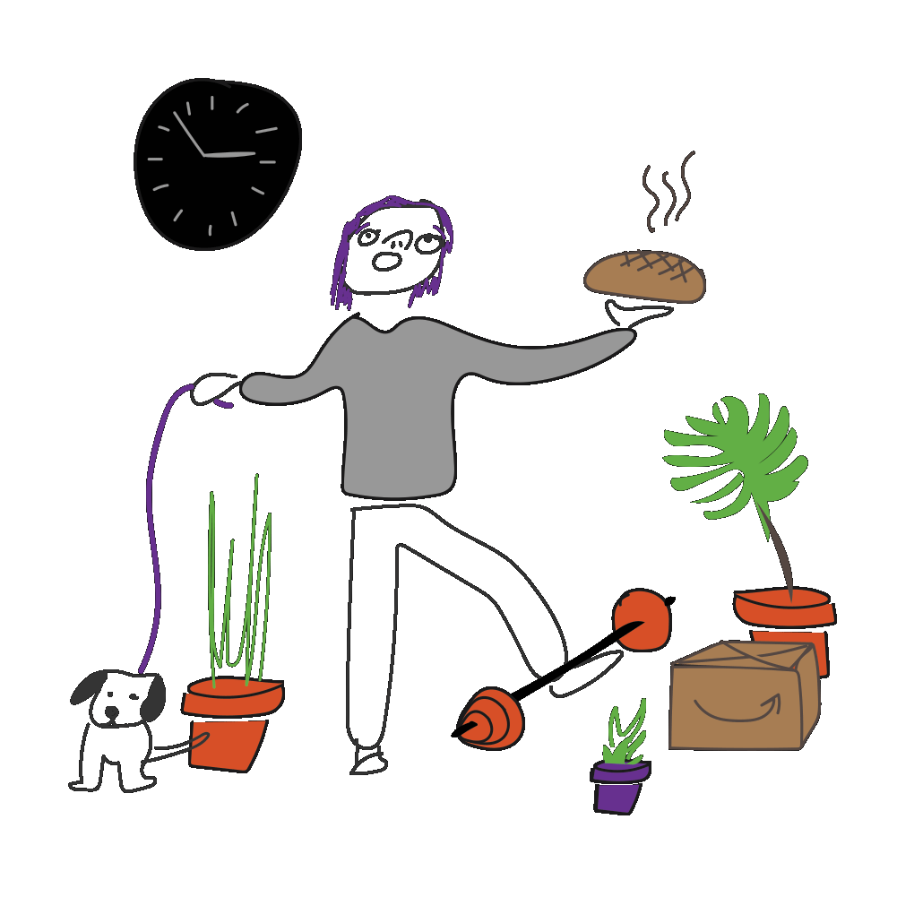A person balancing a weight, a sourdough loaf, plants and a new pet while a clock spins