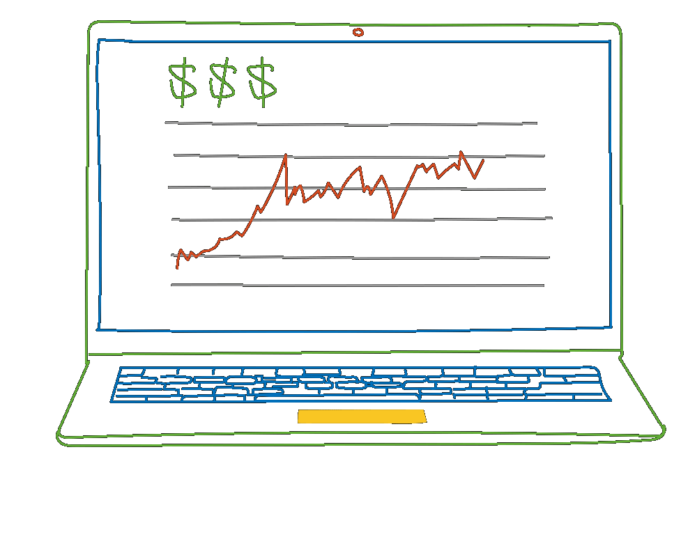A line tracking the stocking market exaggeratedly falling out of a laptop