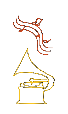 A Grammy statuette with musical notes floating by it