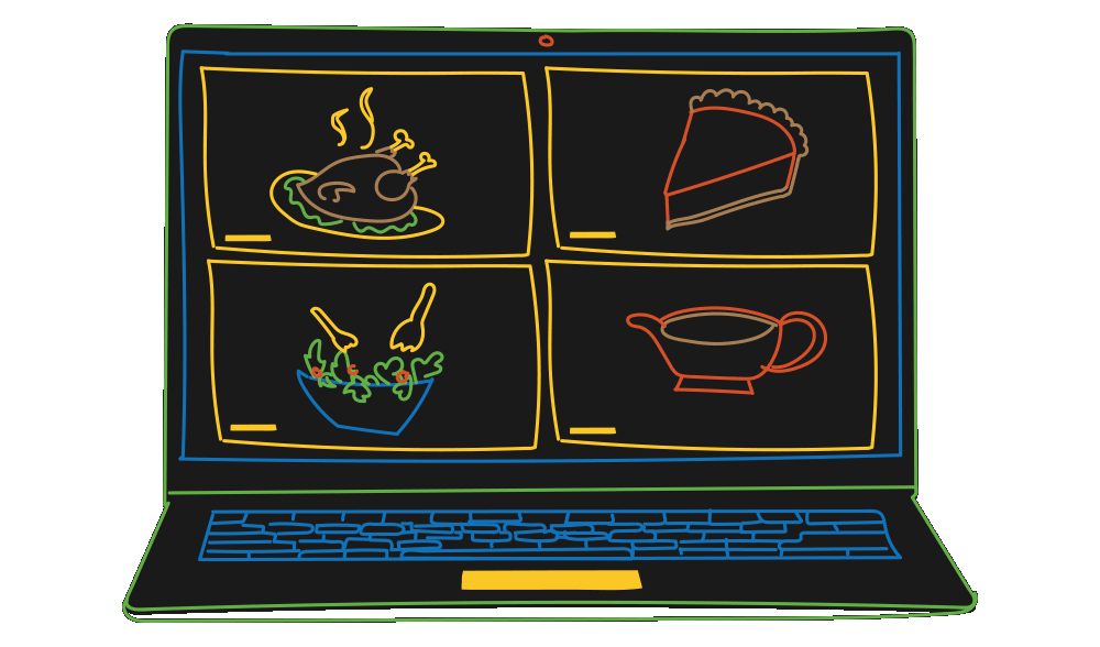 An illustration of a laptop with Thanksgiving foods, like turkey and mashed potatoes