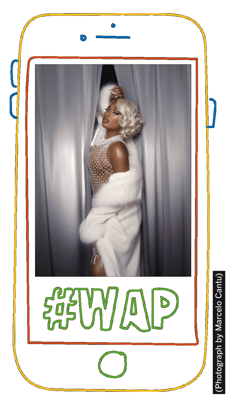 A portrait of Megan Thee Stallion and the phrase "#WAP" flashing in a phone frame