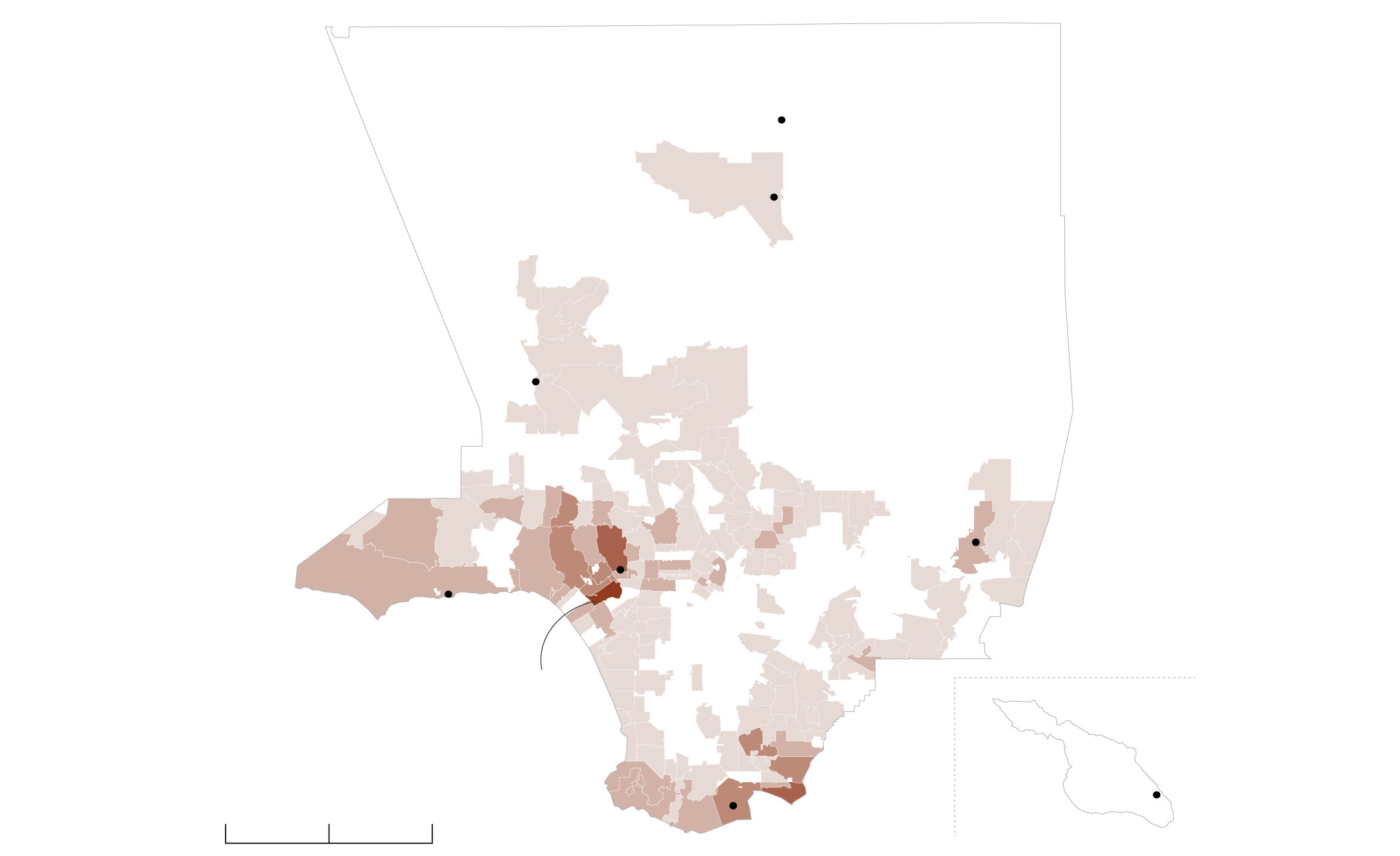 A map of Los Angeles County that shows the amount donated to Robert Luna’s campaign per ZIP Code. The Katzenberg Family Trust is located in West L.A. and donated $500,000 to Luna’s campaign. Long Beach ZIP Codes also showed a lot of donations to Luna’s campaign. ZIP Codes in the northern and eastern parts of L.A. County often raised little to nothing at all towards Luna’s campaign.