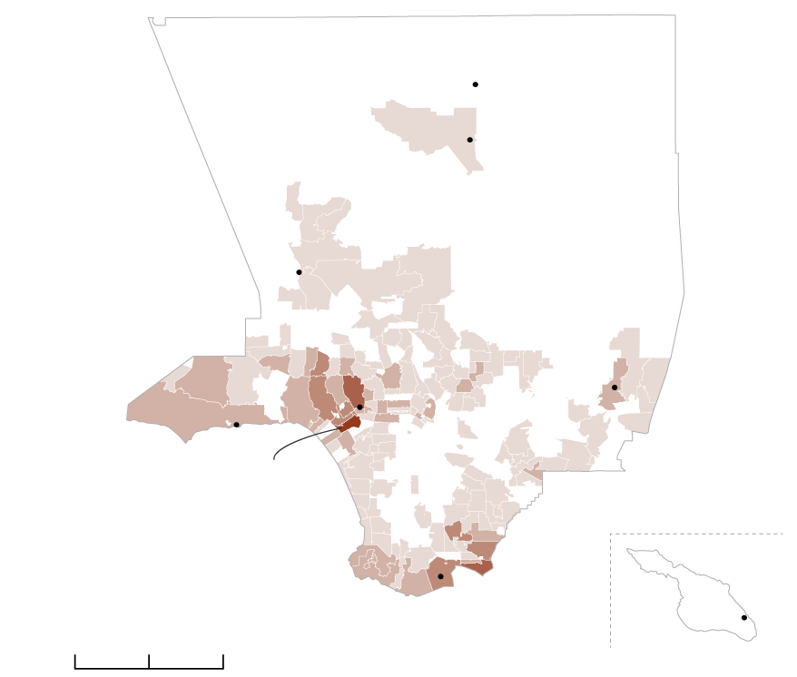 A map of Los Angeles County that shows the amount donated to Robert Luna’s campaign per ZIP Code. The Katzenberg Family Trust is located in West L.A. and donated $500,000 to Luna’s campaign. Long Beach ZIP Codes also showed a lot of donations to Luna’s campaign. ZIP Codes in the northern and eastern parts of L.A. County often raised little to nothing at all towards Luna’s campaign.