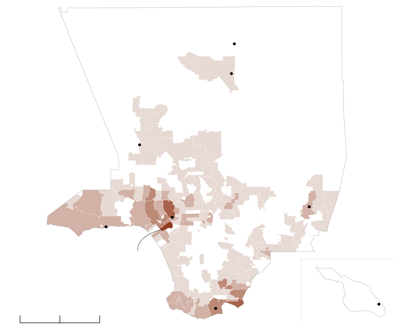A map of Los Angeles County that shows the amount donated to Robert Luna’s campaign per ZIP Code. The Katzenberg Family Trust is located in West L.A. and donated $500,000 to Luna’s campaign. Long Beach ZIP Codes also showed a lot of donations to Luna’s campaign. ZIP Codes in the northern and eastern parts of L.A. County often raised little to nothing at all towards Luna’s campaign.