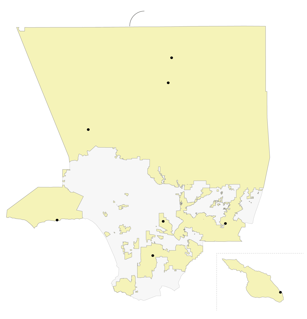 A map of Los Angeles County that shows areas where the Los Angeles Sheriff’s Department patrols the area. This area includes the northernmost areas of the County, along with a patchwork of areas in East and South L.A. Lancaster, Palmdale, Santa Clarita, Malibu, East Los Angeles, Walnut, Compton, and Avalon are in this jurisdiction.