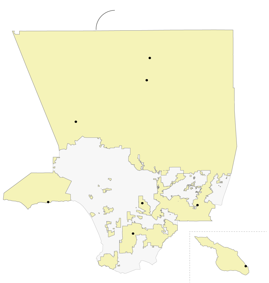 A map of Los Angeles County that shows areas where the Los Angeles Sheriff’s Department patrols the area. This area includes the northernmost areas of the County, along with a patchwork of areas in East and South L.A. Lancaster, Palmdale, Santa Clarita, Malibu, East Los Angeles, Walnut, Compton, and Avalon are in this jurisdiction.