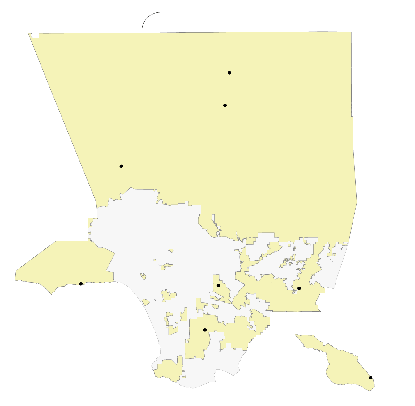 A map of Los Angeles County that shows areas where the Los Angeles Sheriff’s Department patrols the area. This area includes the northernmost areas of the County, along with a patchwork of areas in East and South L.A. Lancaster, Palmdale, Santa Clarita, Malibu, East Los Angeles, Walnut, Compton, and Avalon are in this jurisdiction.