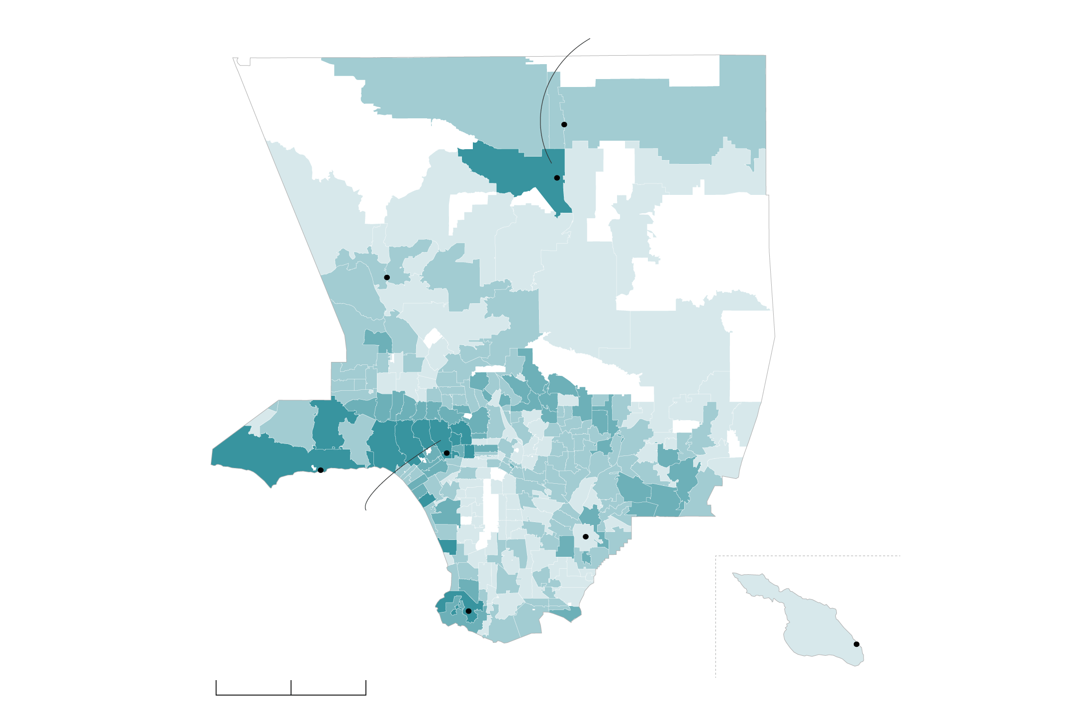 A map of Los Angeles County that shows the amount donated to Alex Villanueva’s campaign per ZIP Code. The biggest sheriff contracts are in the northern part of the county, and the area around Palmdale was one of the highest donating ZIP Codes. Beverly Hills ZIP Code 90210 donated the most to Villanueva’s campaign, raising nearly $100,000. Villanueva also raised a lot of money in West L.A. and near Malibu.