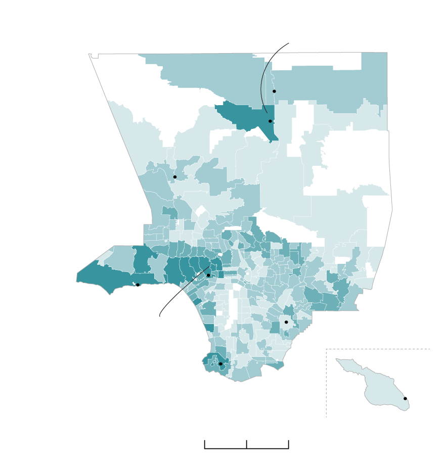 A map of Los Angeles County that shows the amount donated to Alex Villanueva’s campaign per ZIP Code. The biggest sheriff contracts are in the northern part of the county, and the area around Palmdale was one of the highest donating ZIP Codes. Beverly Hills ZIP Code 90210 donated the most to Villanueva’s campaign, raising nearly $100,000. Villanueva also raised a lot of money in West L.A. and near Malibu.