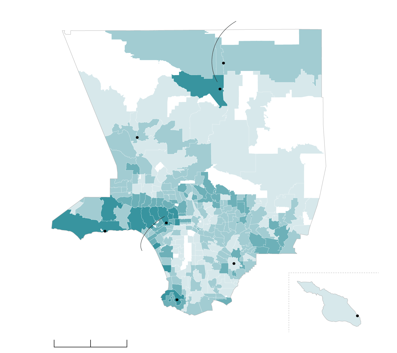 A map of Los Angeles County that shows the amount donated to Alex Villanueva’s campaign per ZIP Code. The biggest sheriff contracts are in the northern part of the county, and the area around Palmdale was one of the highest donating ZIP Codes. Beverly Hills ZIP Code 90210 donated the most to Villanueva’s campaign, raising nearly $100,000. Villanueva also raised a lot of money in West L.A. and near Malibu.