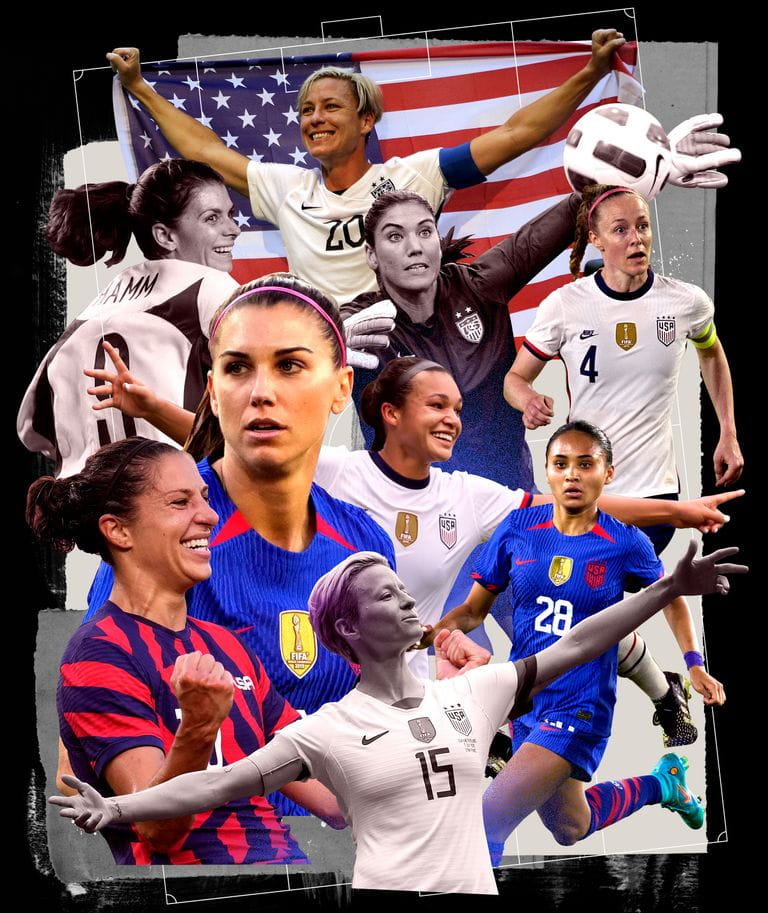 Photo illustration of past and current United States Women National Team players Abby Wambach, Mia Hamm, Hope Solo, Becky Sauerbrunn, Alex Morgan, Carli Lloyd, Megan Rapinoe, Sophia Smith and Alyssa Thompson.