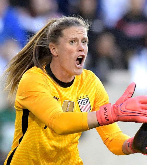Goalkeeper Alyssa Naeher directs teammates during the second half of a SheBelieves Cup soccer match against Spain in 2020.