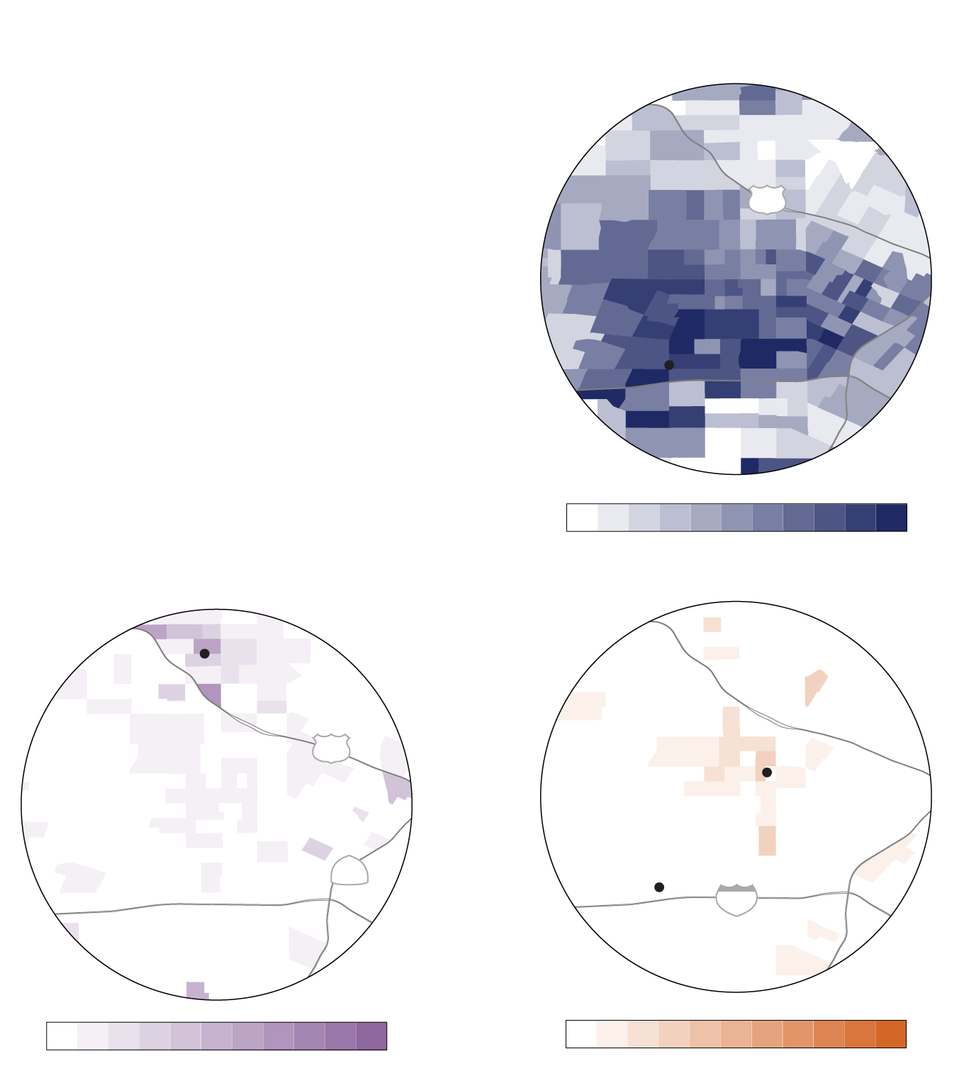A triptych of choropleth maps showing the share of the Asian population for Korean, Thai and Bangladeshi residents in Central L.A. There’s a higher concentration of Koreans near Koreatown, Thais near Thai Town, and Bangladeshi people near Little Bangladesh. There are more Korean residents than Thai and Bangaldeshi residents.