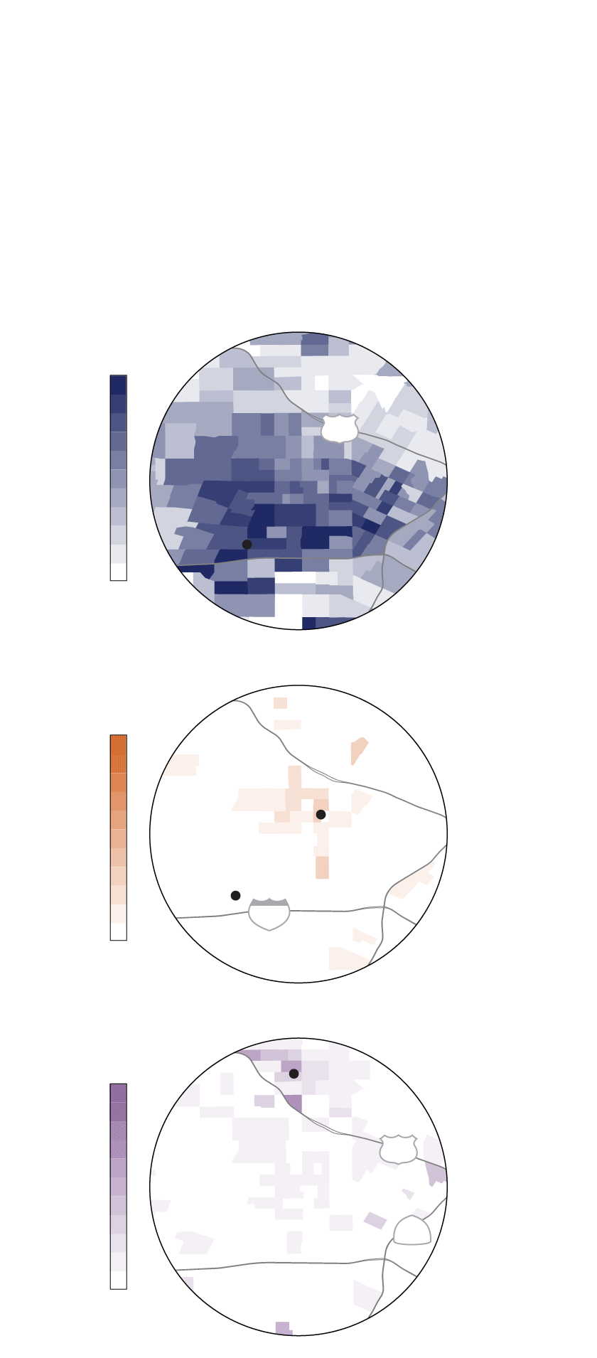 A triptych of choropleth maps showing the share of the Asian population for Korean, Thai and Bangladeshi residents in Central L.A. There’s a higher concentration of Koreans near Koreatown, Thais near Thai Town, and Bangladeshi people near Little Bangladesh. There are more Korean residents than Thai and Bangaldeshi residents.