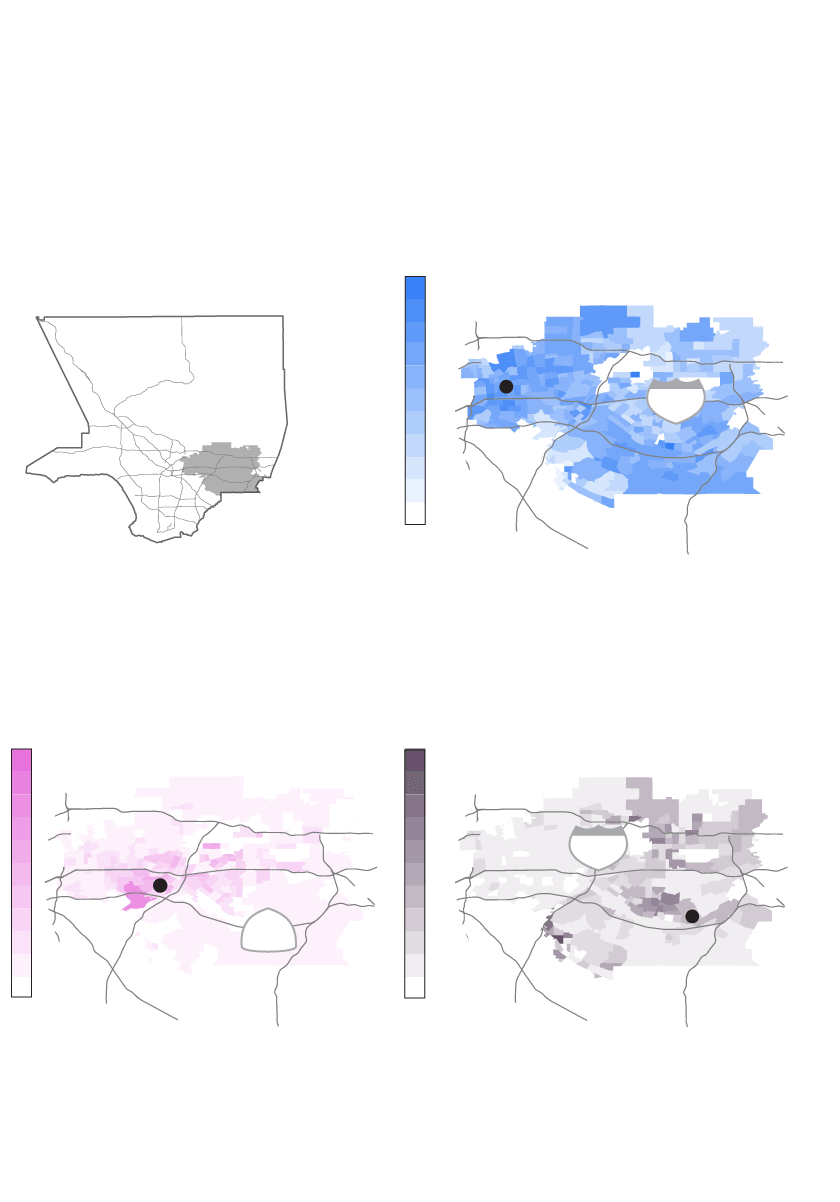 A triptych of choropleths showing the share of the Asian population for Chinese, Filipino and Vietnamese populations in San Gabriel Valely. There are higher concentrations of Chinese residents throughout SGV than Filipino and Vietnamese residents, the second and third largest groups in the area. A higher concentratoin of Filipinos live near Walnut, and a higher concentration of Vietnamese people south of El Monte.