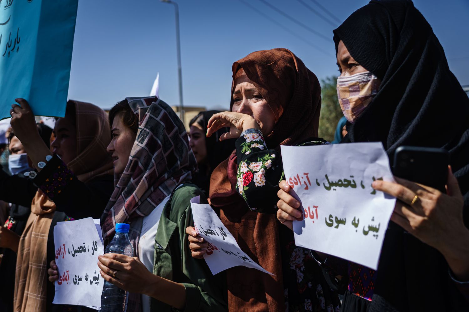 A group of women stand in line holding up protest signs.