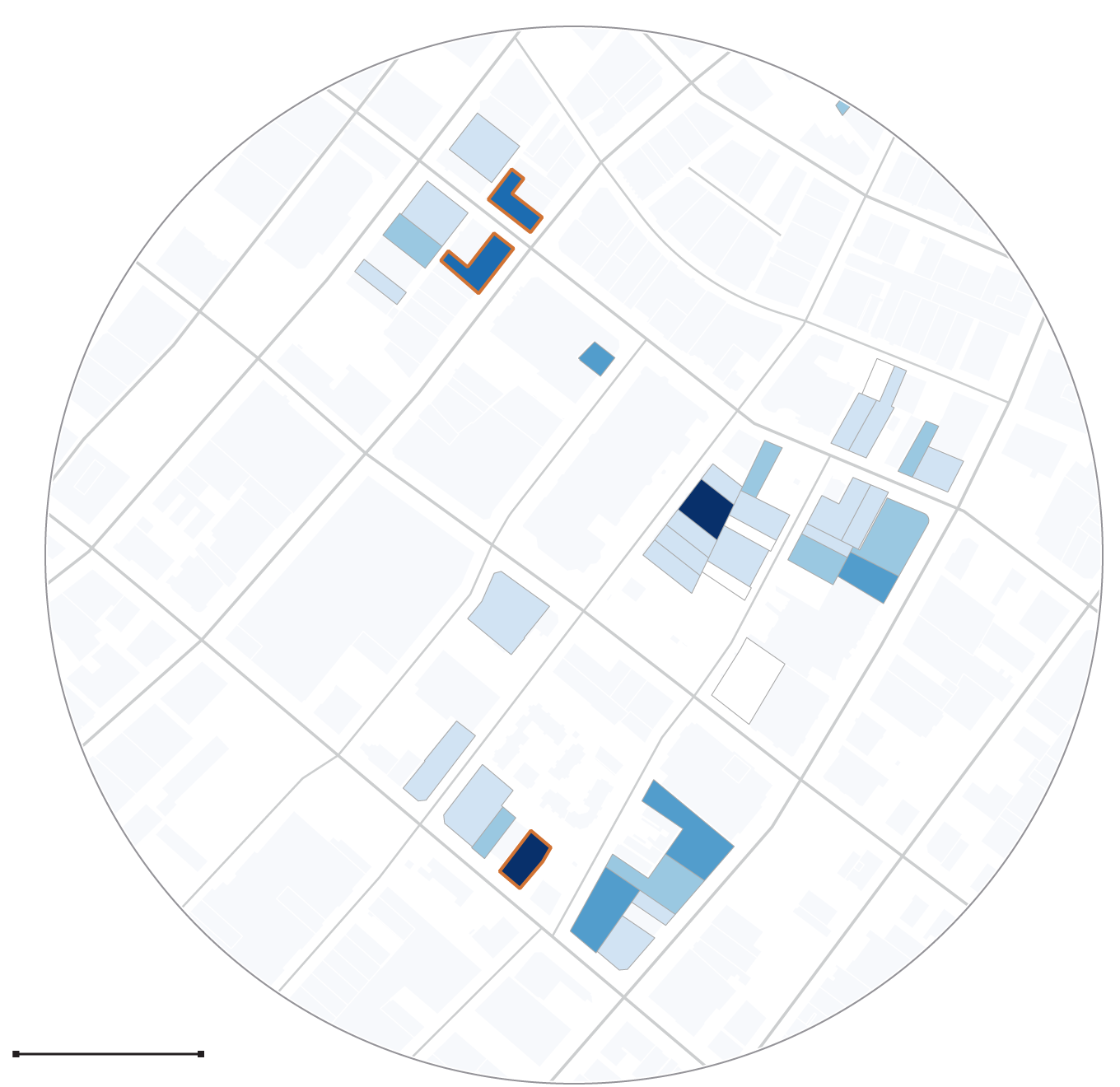 A map of homeless housing providers in Skid Row that shows the number of housing code and public health complaints per building. The Courtland and the Madison have the highest number in the graphic, at over 41 complaints each, followed by the King Edward and the Baltimore at between 31-40 complaints each.