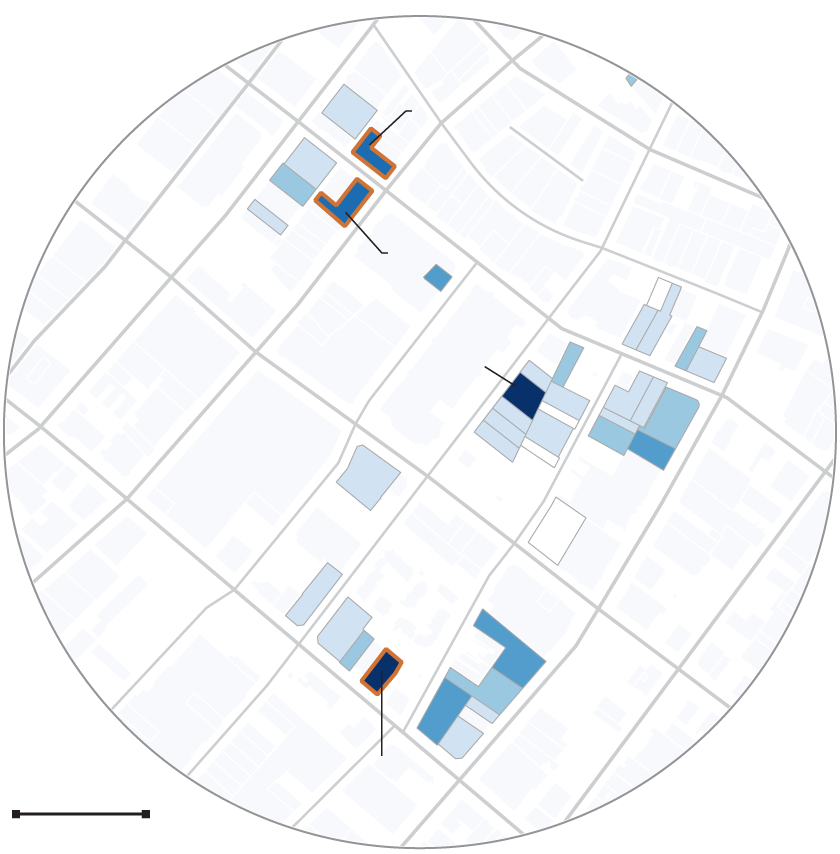 A map of homeless housing providers in Skid Row that shows the number of housing code and public health complaints per building. The Courtland and the Madison have the highest number in the graphic, at over 41 complaints each, followed by the King Edward and the Baltimore at between 31-40 complaints each.