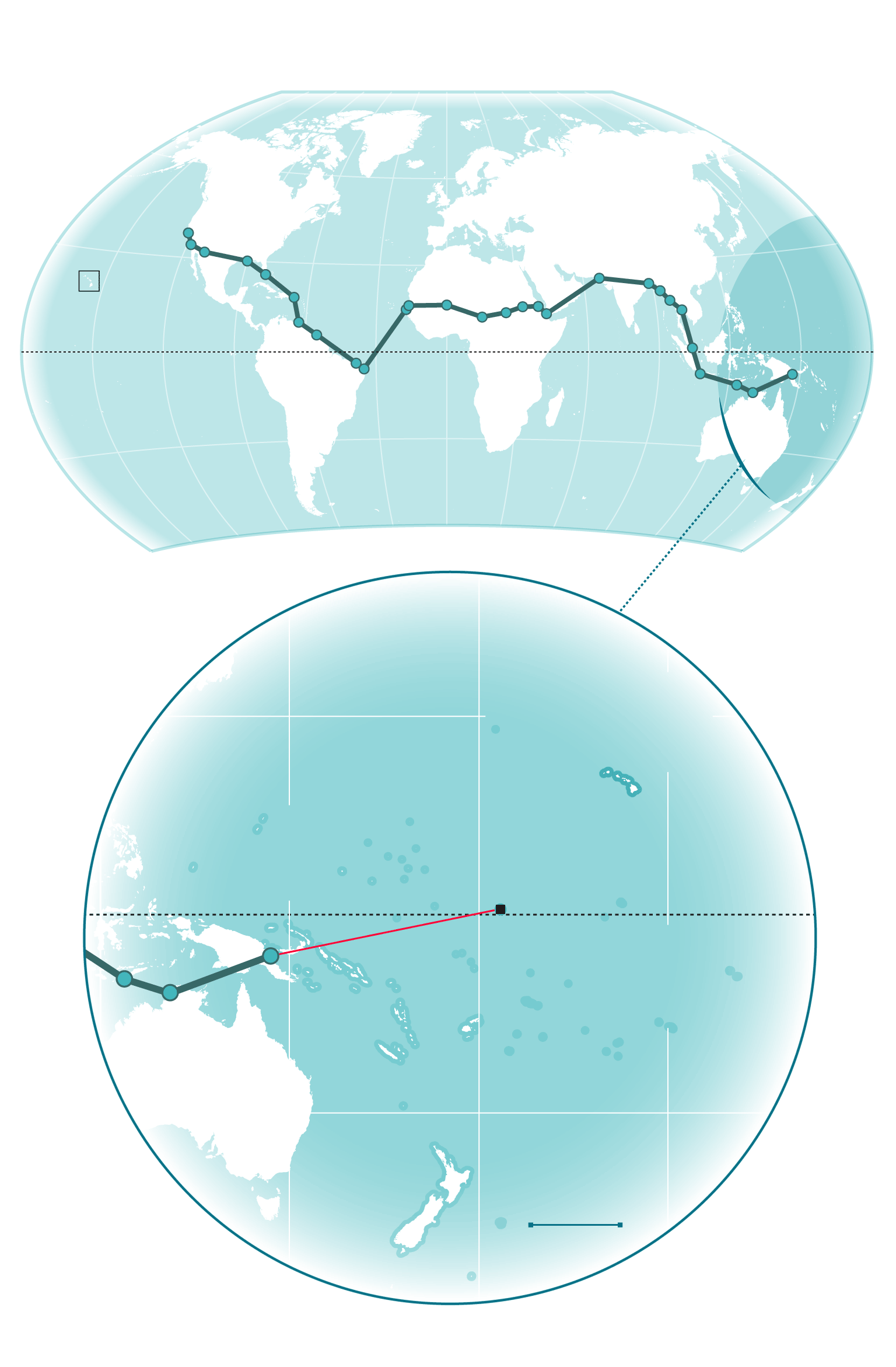 Map showing Amelia Earhart’s last world-tour flight path from Oakland California through Papau New Guinea in 1937.