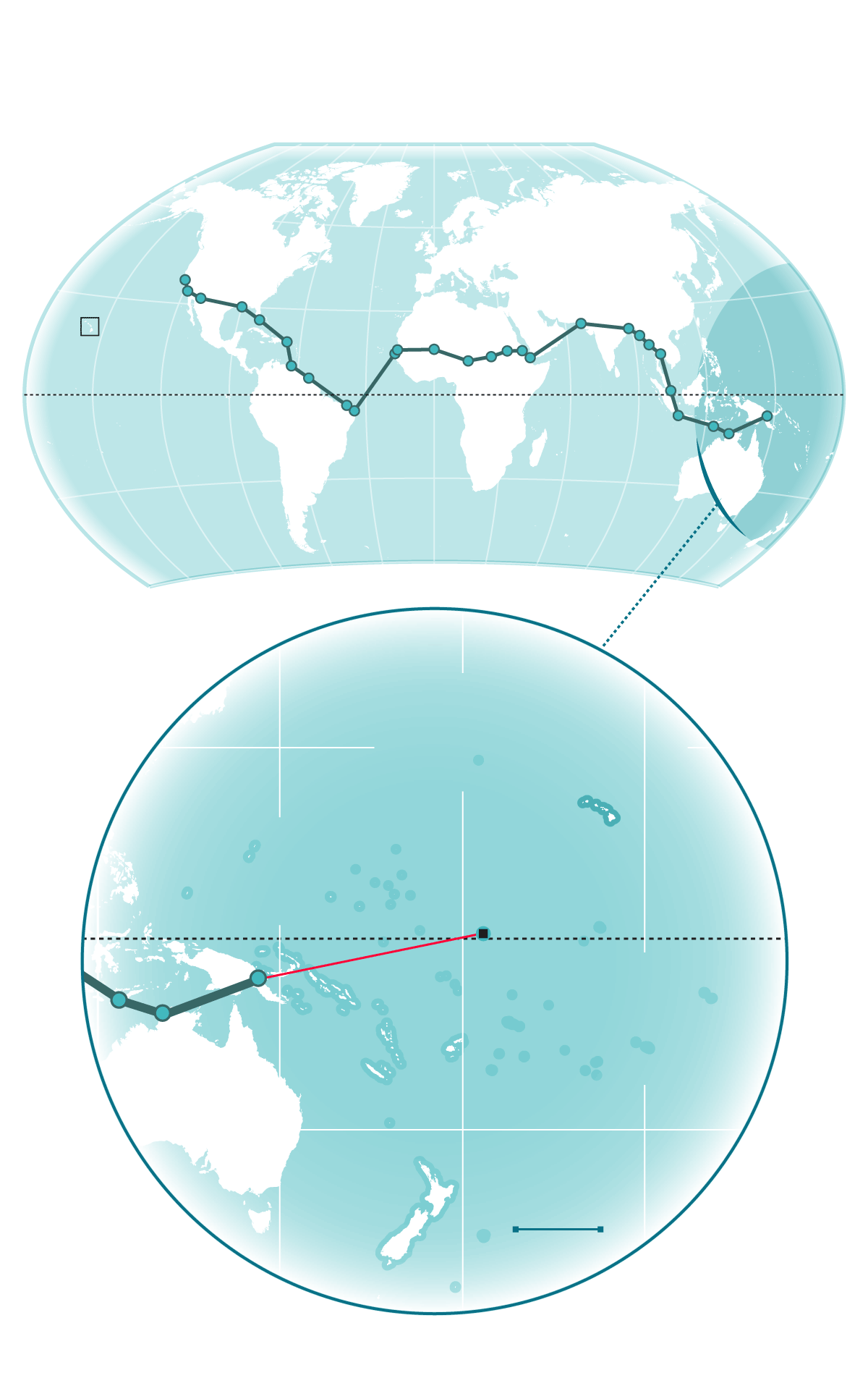 Map showing Amelia Earhart’s last world-tour flight path from Oakland California through Papau New Guinea in 1937.
