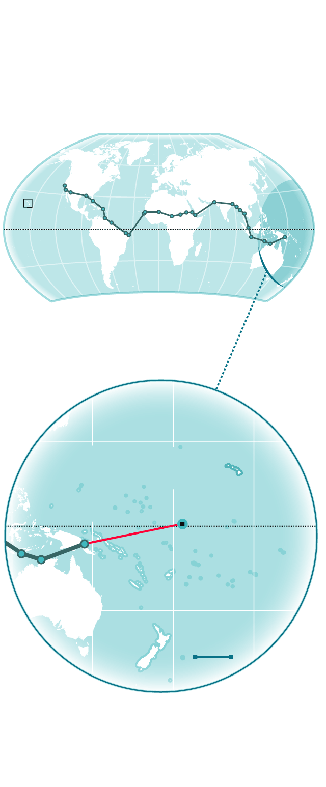 Map showing Amelia Earhart’s last world-tour flight path from Oakland California through Papau New Guinea in 1937.