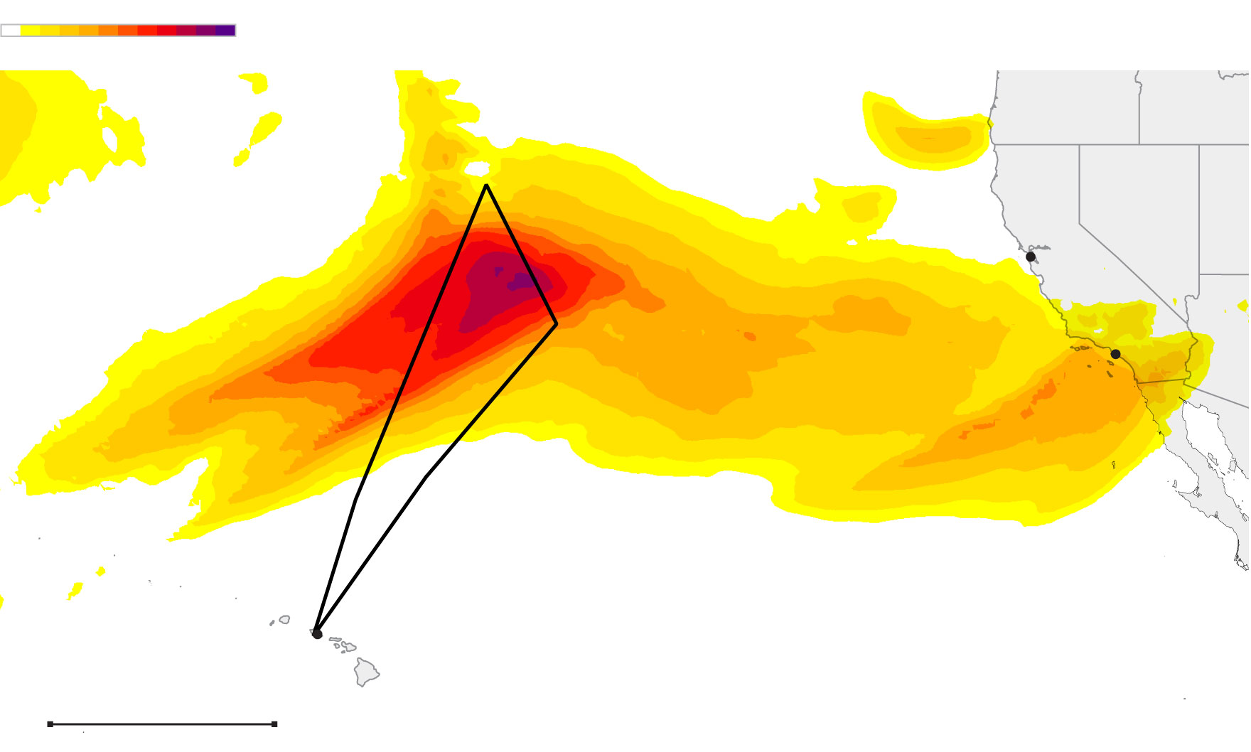 Map of an atmospheric river over the Pacific Ocean reaching into Southern California. A triangular flight path leaves Hawii and travels into the most intense portion of the atmospheric river.