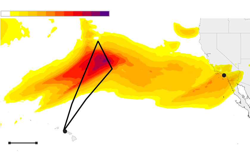 Map of an atmospheric river over the Pacific Ocean reaching into Southern California. A triangular flight path leaves Hawii and travels into the most intense portion of the atmospheric river.