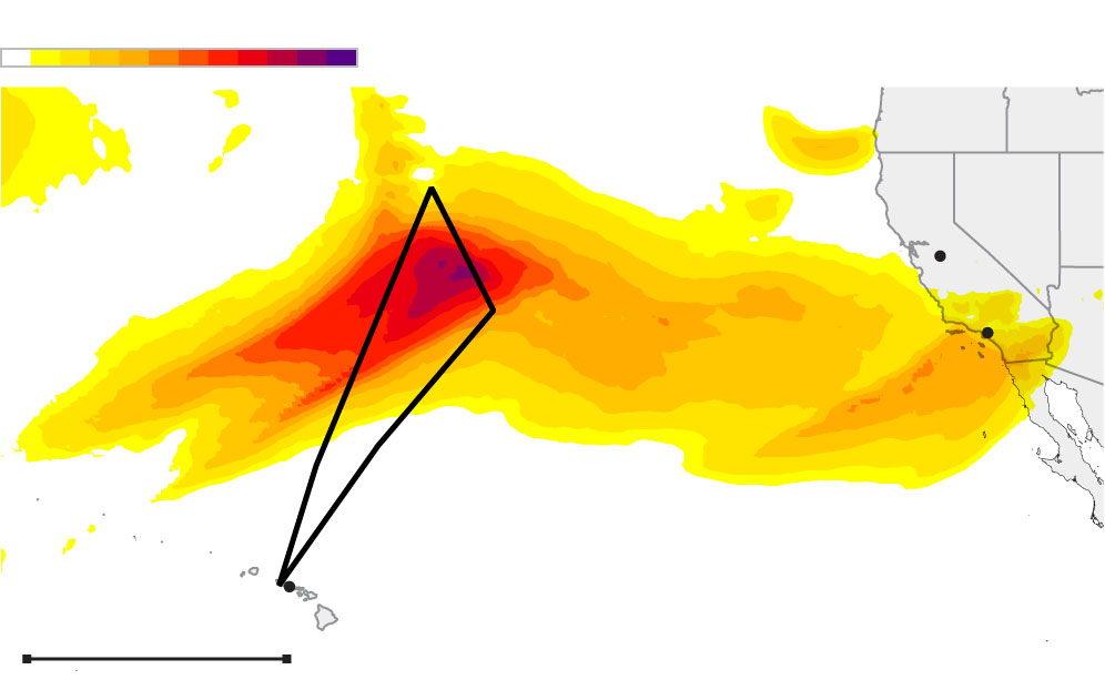 Map of an atmospheric river over the Pacific Ocean reaching into Southern California. A triangular flight path leaves Hawii and travels into the most intense portion of the atmospheric river.