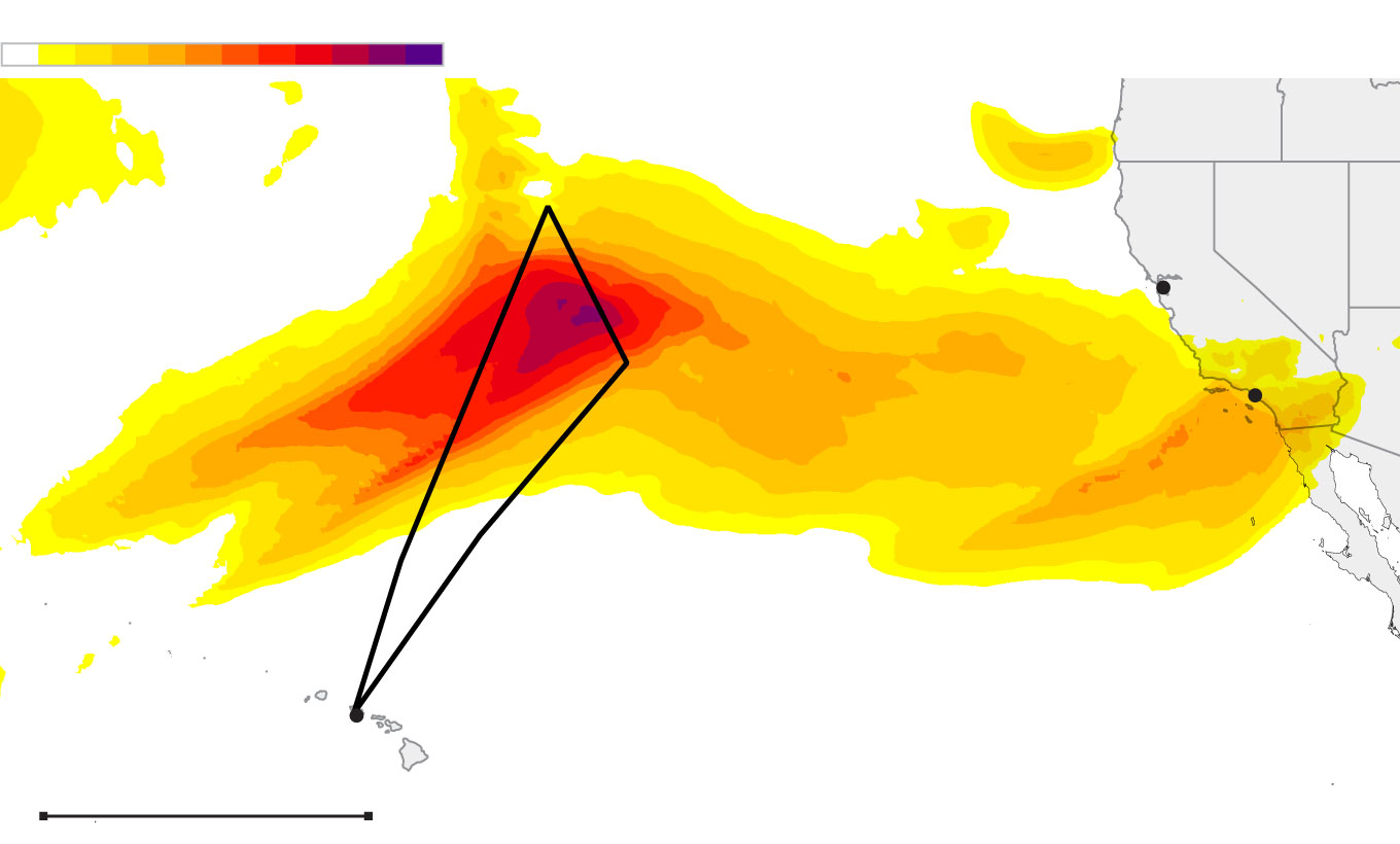 Map of an atmospheric river over the Pacific Ocean reaching into Southern California. A triangular flight path leaves Hawii and travels into the most intense portion of the atmospheric river.