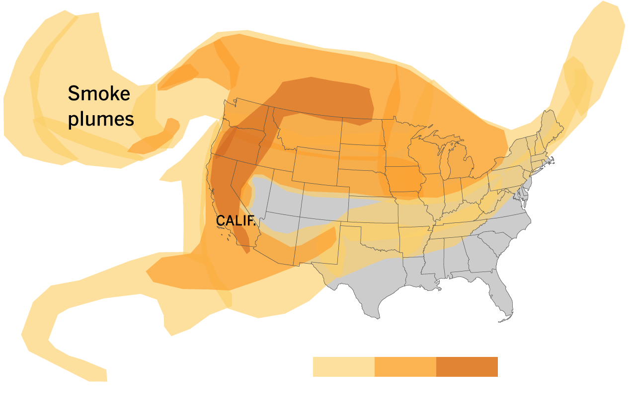 Map showing smoke plumes stretching across the United States.