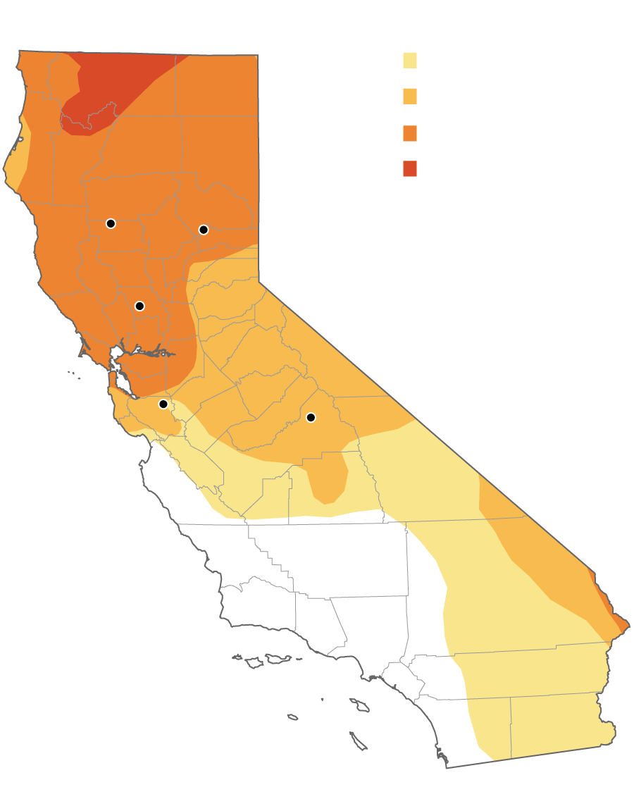 Map showing drought areas across the state with the largest fires overlaid on top.
