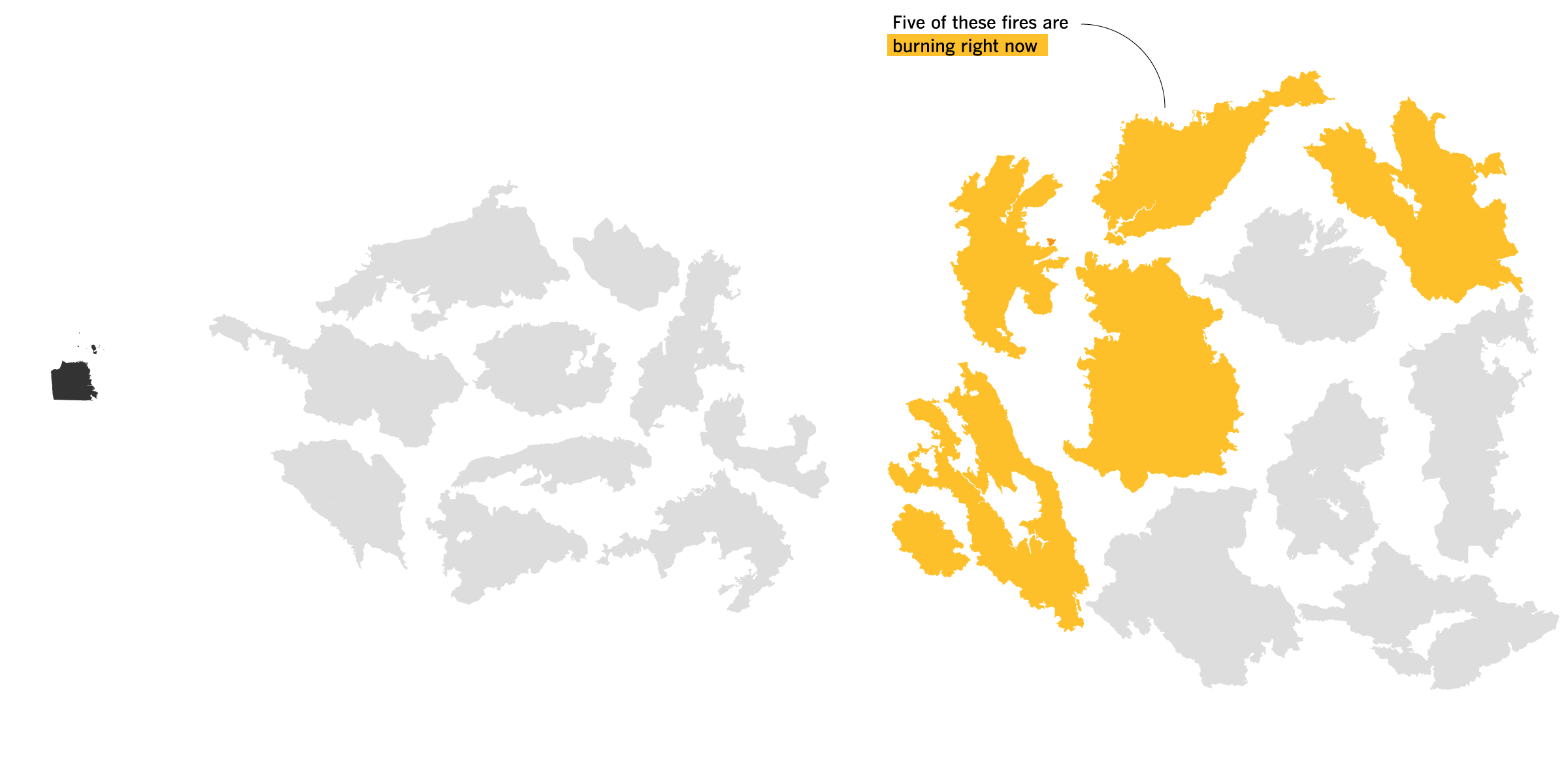 Fire perimeters from 2001-10 and 2011-2020, compared in acreage size to San Francisco.