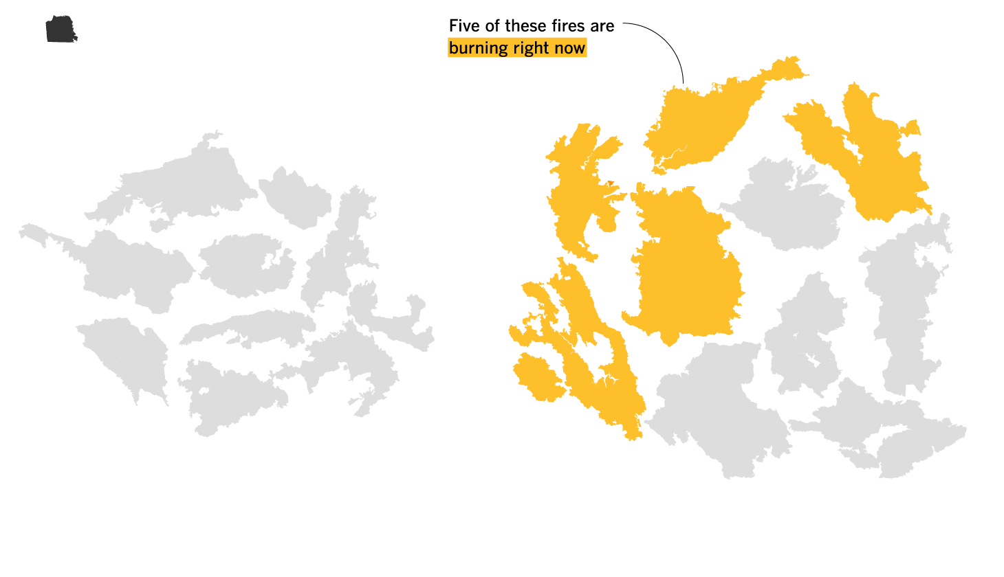 Fire perimeters from 2001-10 and 2011-2020, compared in acreage size to San Francisco.