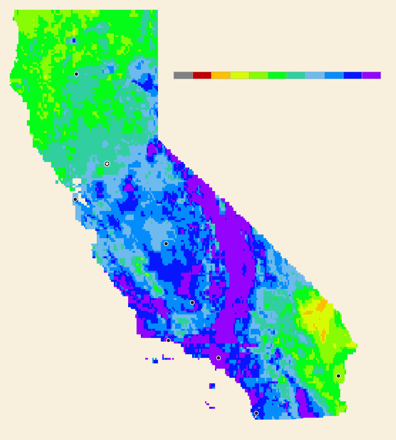 Map shows total precipitation percentages for California.