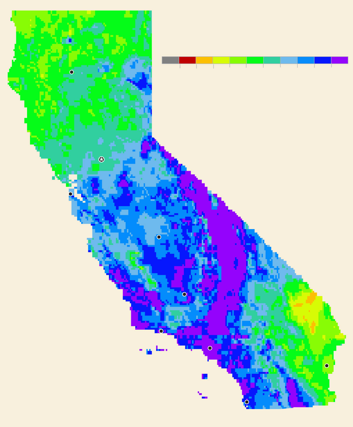 Map shows total precipitation percentages for California.