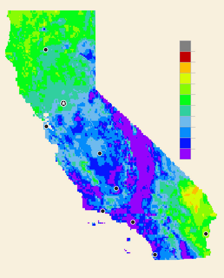 Map shows total precipitation percentages for California.