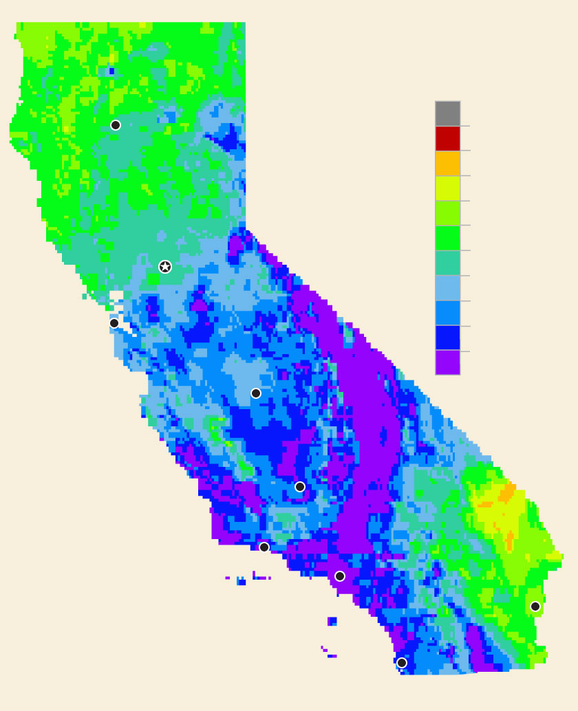 Map shows total precipitation percentages for California.