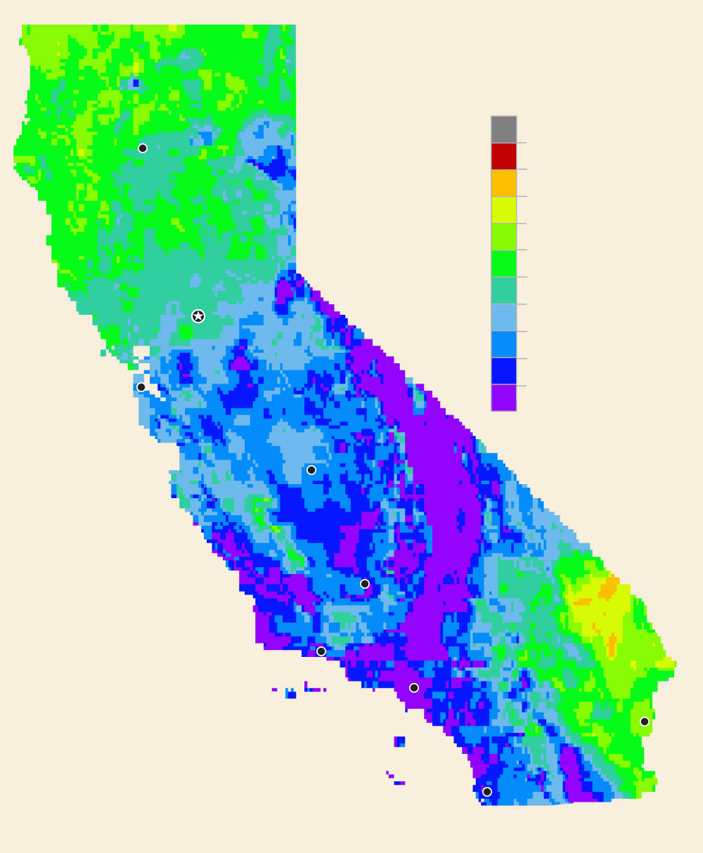 Map shows total precipitation percentages for California.