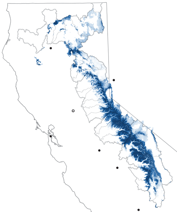 Map shows a heavy 2023 Sierra snowpack especially in the central and southern mountains